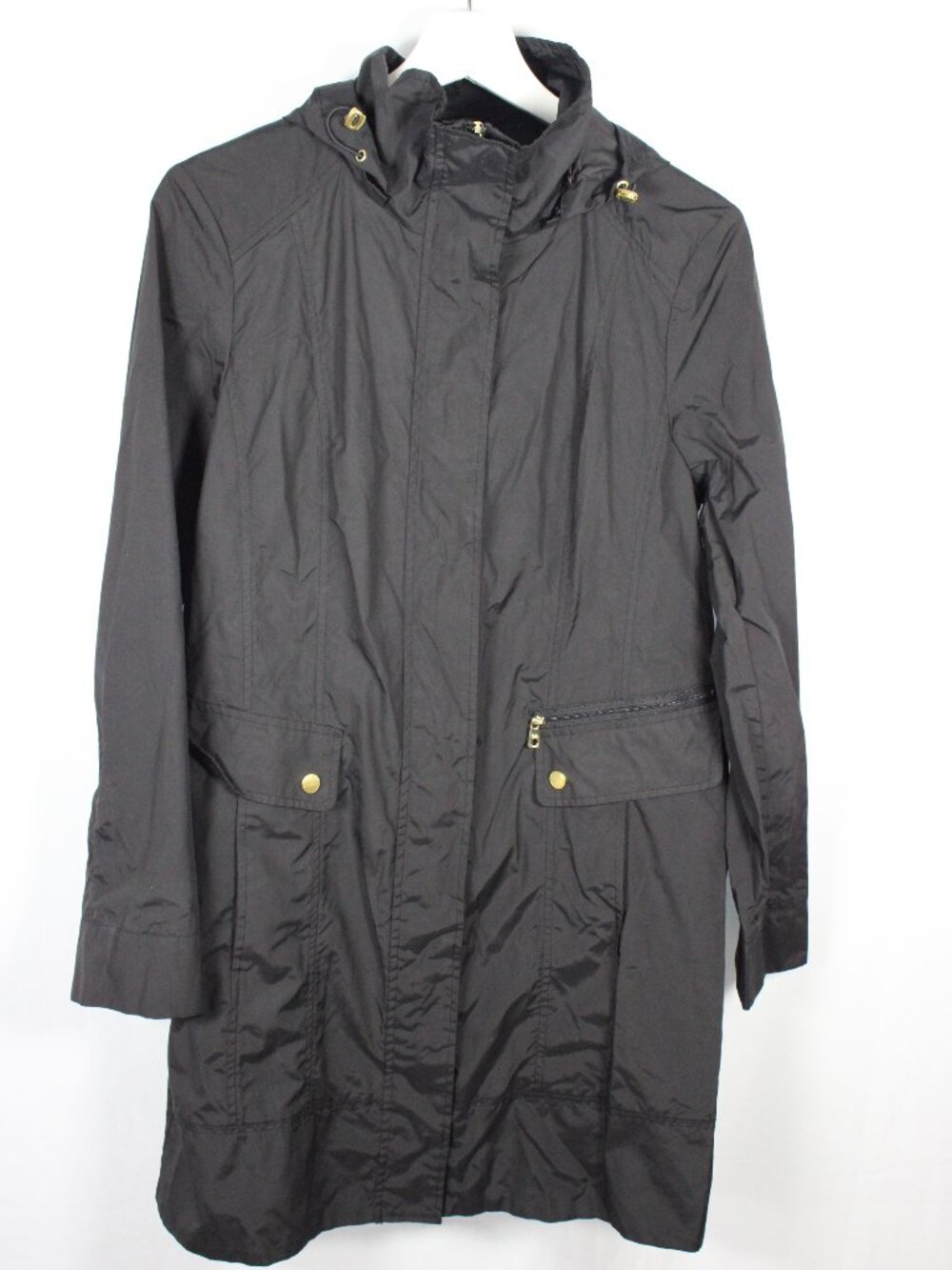 Cole Haan Signature Black Hooded Rain Trench Coat Size Medium Gold Tone Details